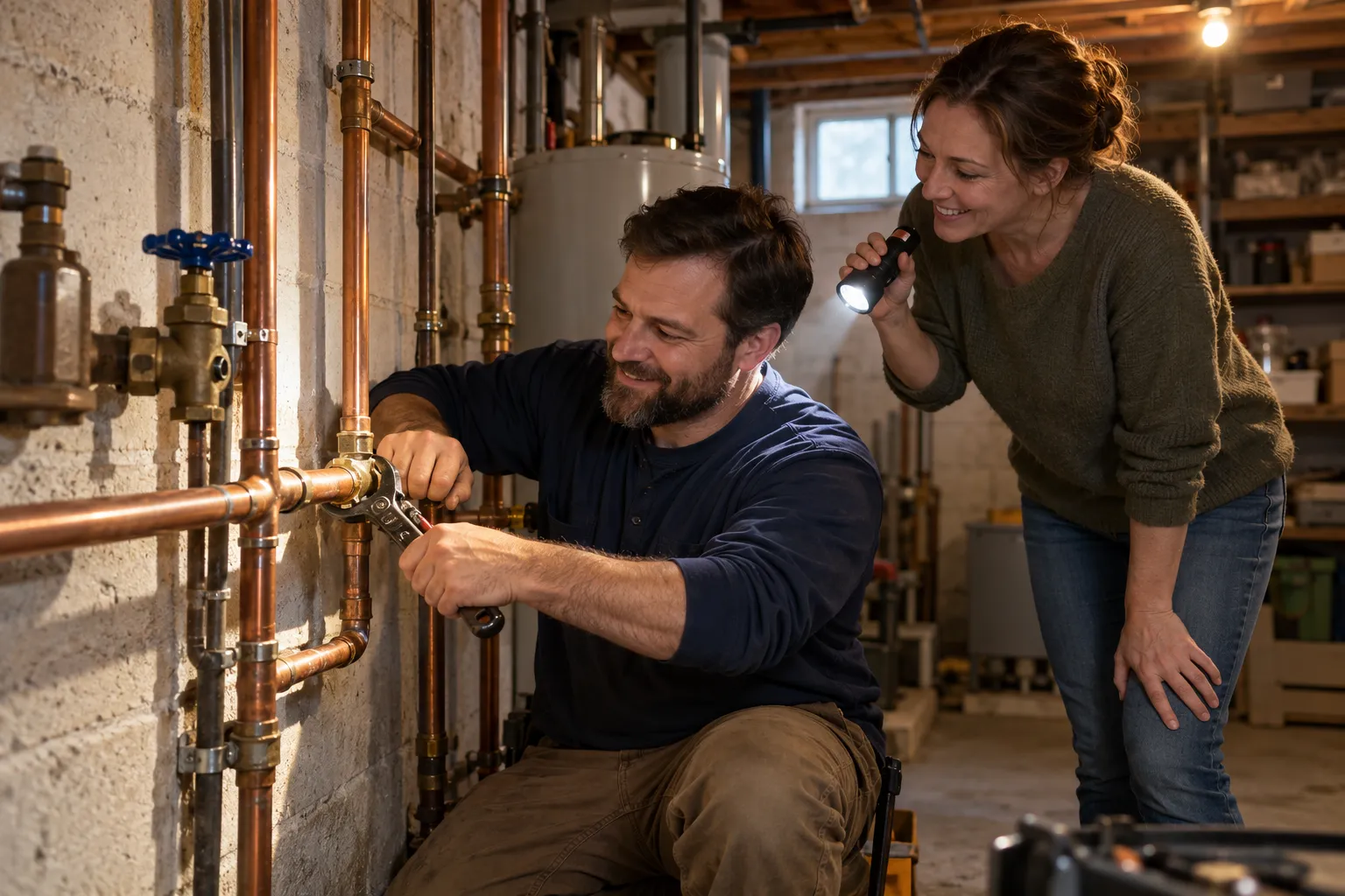 A friendly plumber kneeling in a Salem Lakes home basement fixing a pipe near the main shutoff valve while a homeowner watches