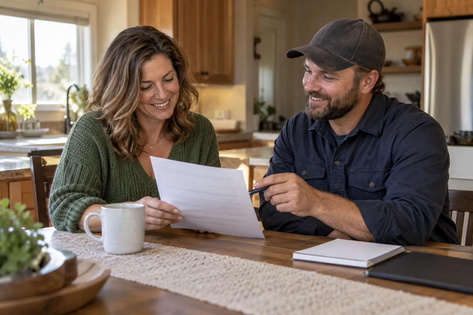 A homeowner reviewing a written plumbing quote at the kitchen table in the Salem Lakes area