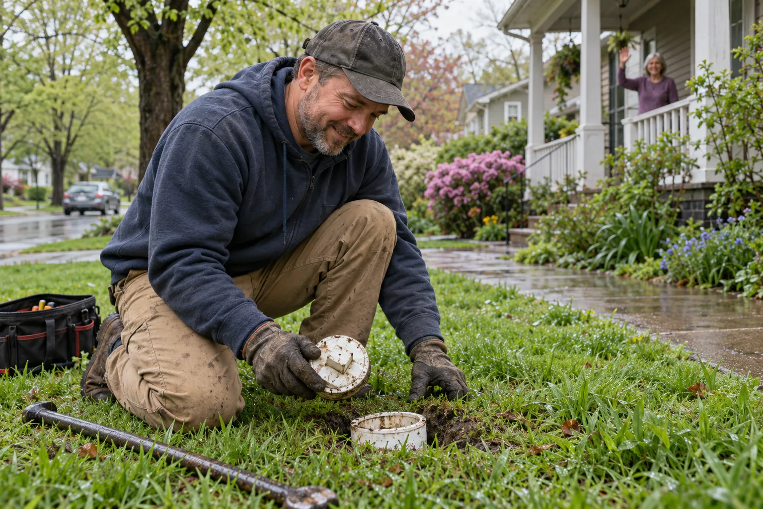 A frame house with a yard and a provider checking an outdoor sewer cleanout in Salem Lakes