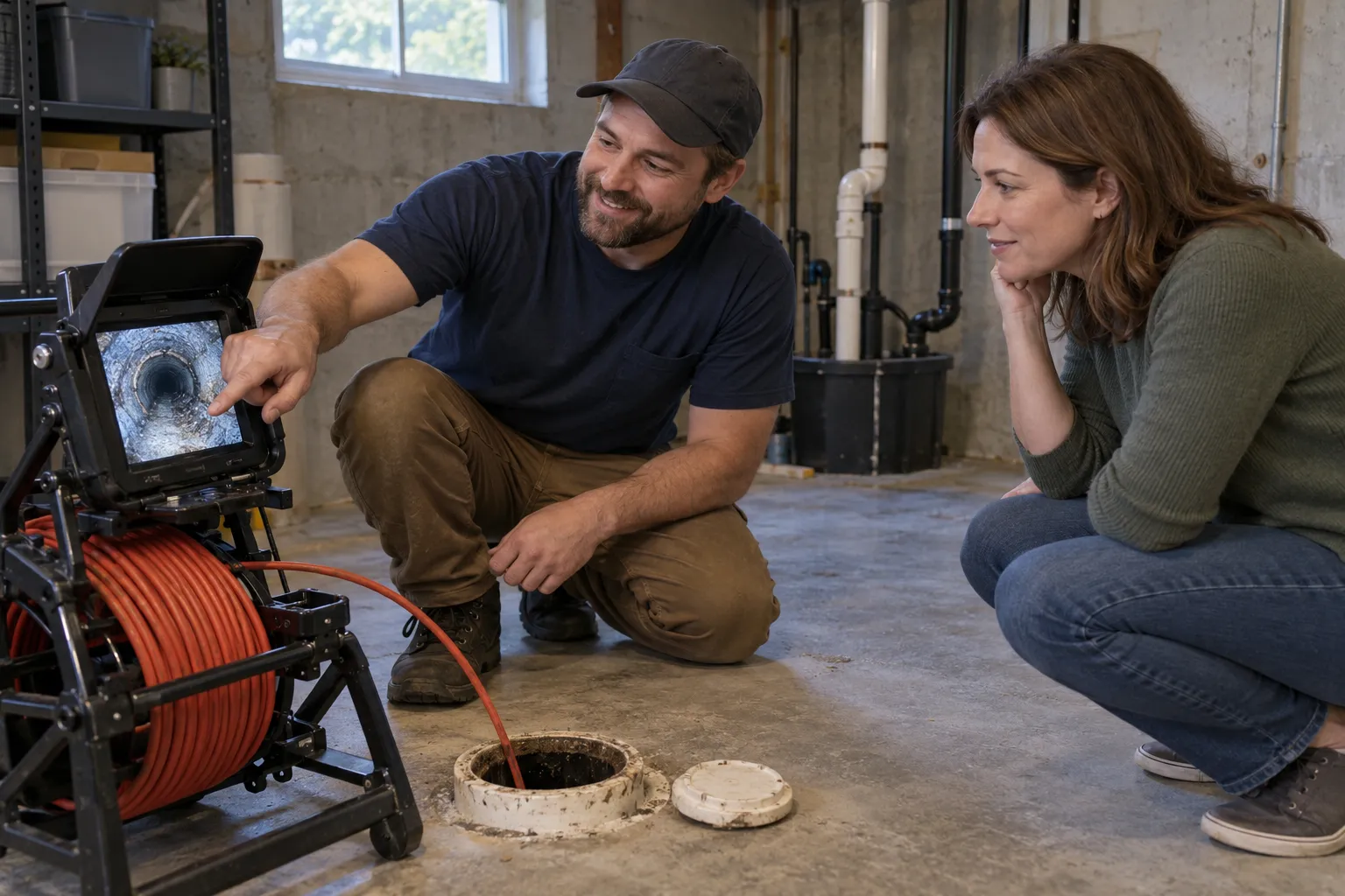 Friendly local plumbing provider reviewing a sewer camera screen with a homeowner in a Salem Lakes basement